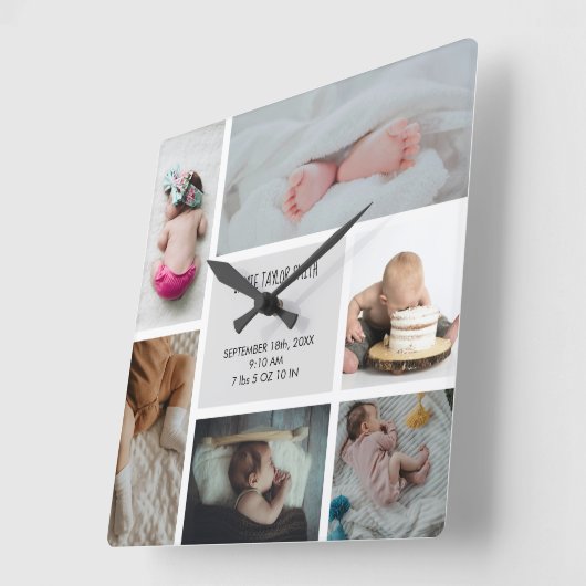 ベビーフォトコラージの記録名誕生日 スクエア壁時計 (傾斜)