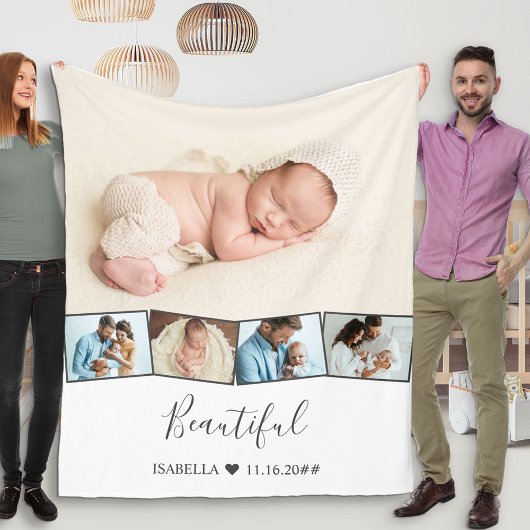 ベビーフォトコラージグザグザグストリップ白 フリースブランケット