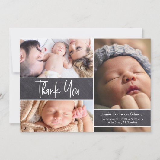 ベビーフォトコラージュのChalkboardスクリプトタイプ サンキューカード (正面)