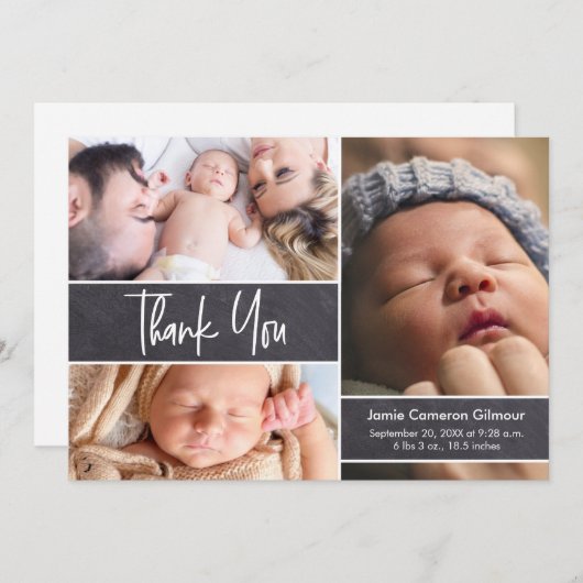 ベビーフォトコラージュのChalkboardスクリプトタイプ サンキューカード (正面/裏面)