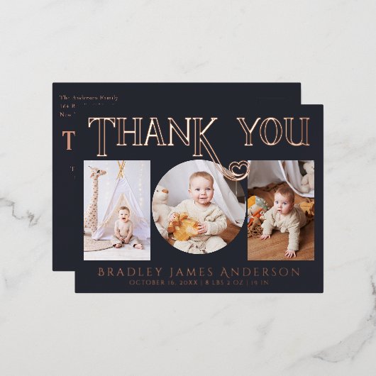 ベビーフォトサンキューユーモダンハート誕生フォイル 箔招待状ポストカード (正面/裏面)