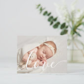 ベビーフォトシックなスクリプトラブエレガント誕生 案内ポストカード (スタンド正面)