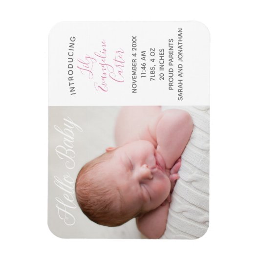 ベビーフォトシックなピンクの誕生発表マグネット マグネット (縦)
