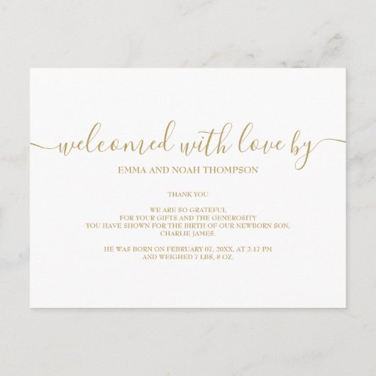 ベビーフォトシックエレガント金ゴールドモダン誕生 案内ポストカード (裏面)