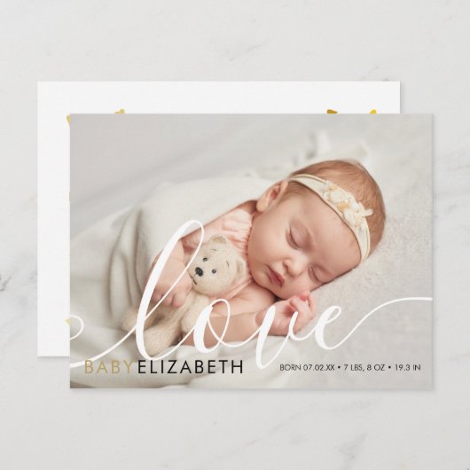 ベビーフォトスエレガントクリプト金ゴールドラブハート誕生 案内ポストカード (正面/裏面)