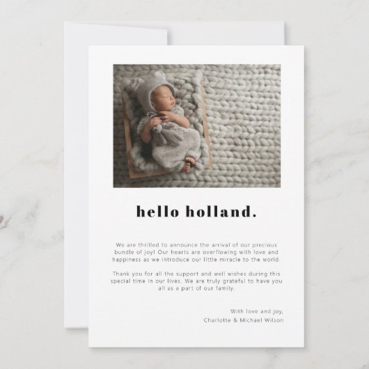 ベビーフォトスモダンクリプトのミニマル誕生 案内状 (裏面)