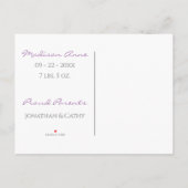 ベビーフォトパープルガールスクリプト統計誕生 案内ポストカード (裏面)