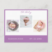 ベビーフォトパープルガールスクリプト統計誕生 案内ポストカード (正面)