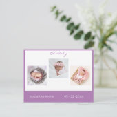 ベビーフォトパープルガールスクリプト統計誕生 案内ポストカード (スタンド正面)