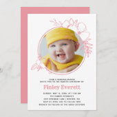 ベビーフォトピンクフローラフレームの命名式 招待状 (正面/裏面)
