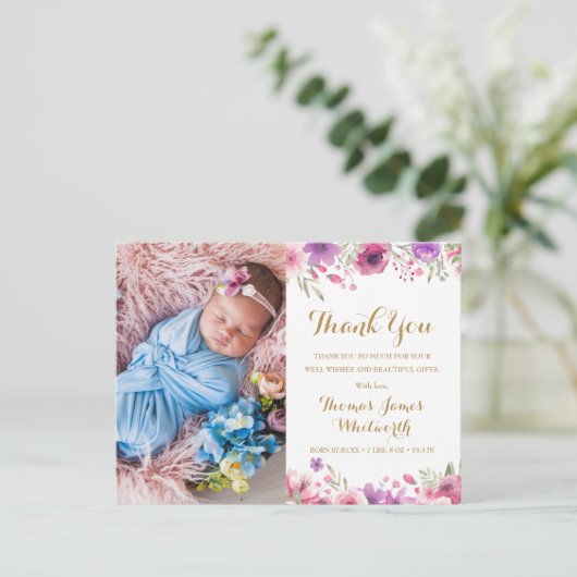 ベビーフォトフローラスクリプトサンキュー誕生 案内ポストカード (スタンド正面)
