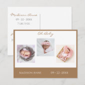 ベビーフォトブラウンタンボーイまたはガールスクリプト誕生 案内ポストカード (正面/裏面)