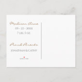 ベビーフォトブラウンタンボーイまたはガールスクリプト誕生 案内ポストカード (裏面)