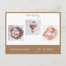 ベビーフォトブラウンタンボーイまたはガールスクリプト誕生 案内ポストカード