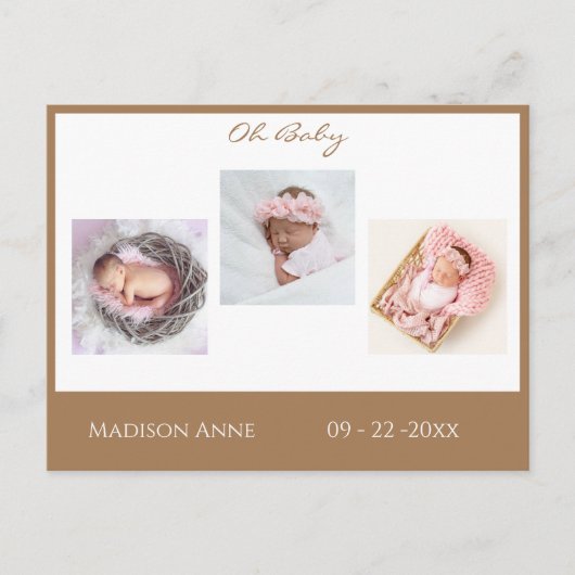 ベビーフォトブラウンタンボーイまたはガールスクリプト誕生 案内ポストカード (正面)