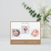 ベビーフォトブラウンタンボーイまたはガールスクリプト誕生 案内ポストカード (スタンド正面)