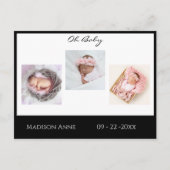 ベビーフォトブラックボーイまたはガールスクリプト統計誕生 案内ポストカード (正面)