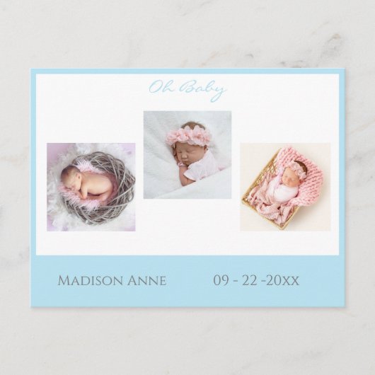 ベビーフォトブルーボーイスクリプト統計かわいい誕生 案内ポストカード (正面)