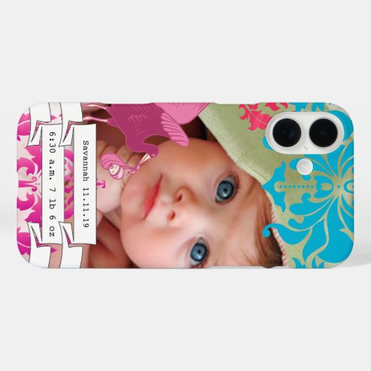ベビーフォトベビー統計ダマスク名または引用文 Case-Mate iPhoneケース (裏面 (横))