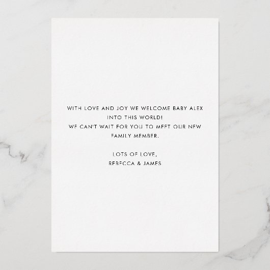 ベビーフォトモダンティール(緑がかった色)誕生 箔招待状 (裏面)