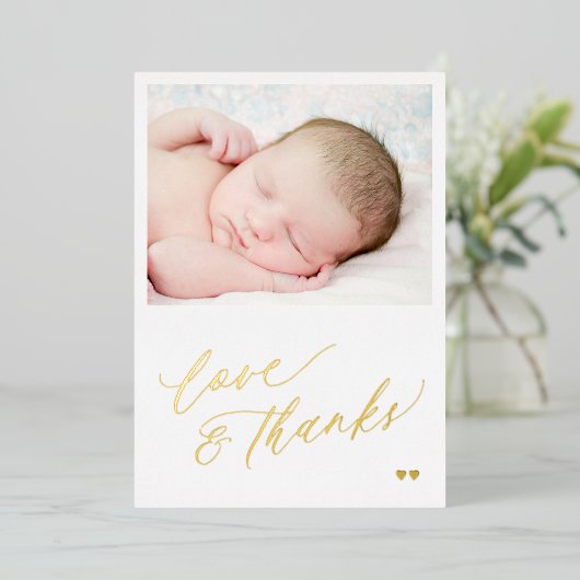 ベビーフォトラブ感謝してい金ゴールドフォイルサンキューカード 箔招待状 (立ち正面)