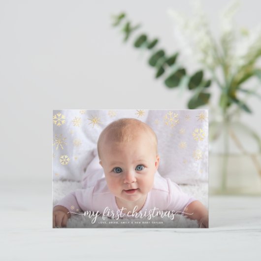 ベビーフォト初めてのクリスマススクリプト金ゴールド雪片 シーズンポストカード (スタンド正面)