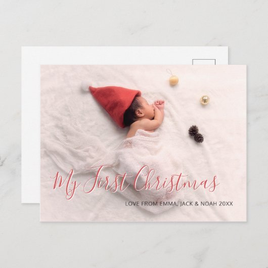 ベビーフォト初めてのクリスマスレッドスクリプトホリデイ 案内ポストカード (正面/裏面)