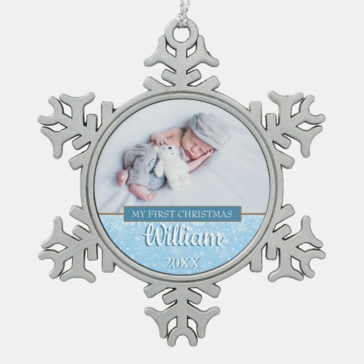 ベビーフォト初めてのクリスマス スノーフレークピューターオーナメント (正面)