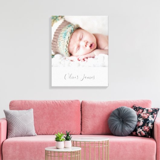 ベビーフォト誕生DATEかわいいタイプ淡い色のグレー キャンバスプリント (インサイチュ (リビング))