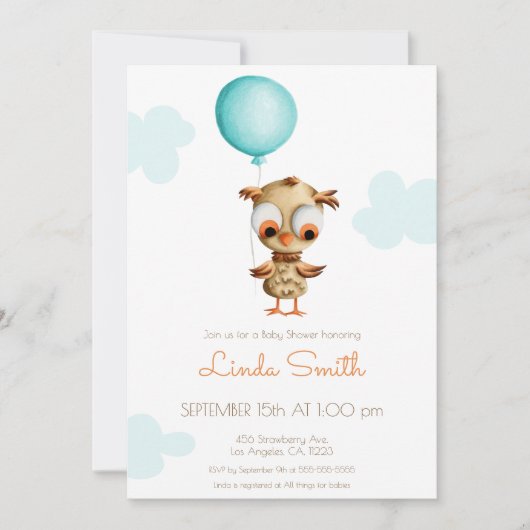 ベビーフクロウとバルーンベビー男女兼用シャワー 招待状 (正面)