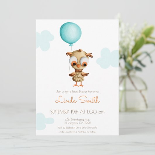 ベビーフクロウとバルーンベビー男女兼用シャワー 招待状 (スタンド正面)