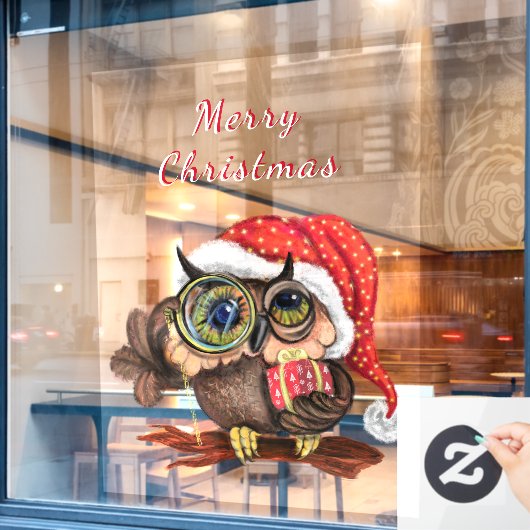 ベビーフクロウのクリスマスハットと贈り物 ウィンドウサイン (カフェ窓)