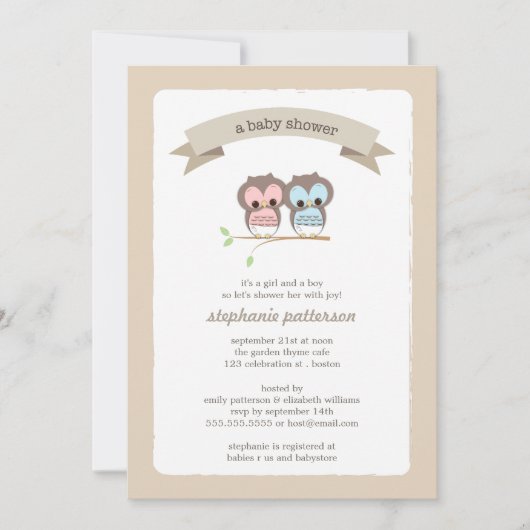 ベビーフクロウガール&ボーイツインベビーシャワー招待状 招待状 (正面)