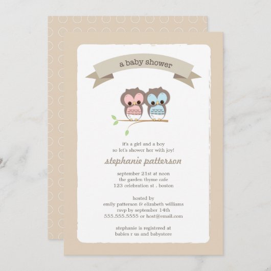 ベビーフクロウガール&ボーイツインベビーシャワー招待状 招待状 (正面/裏面)