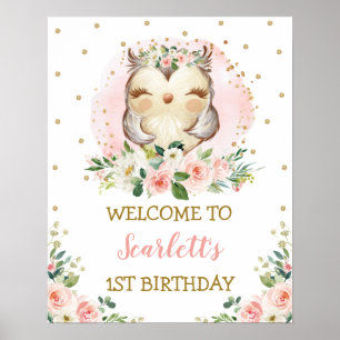 ベビーフクロウ赤面金ゴールドピンクフローラ誕生日歓迎 ポスター