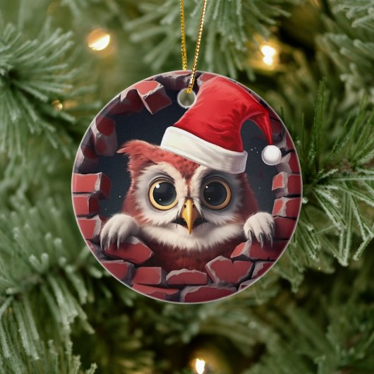 ベビーフクロウin Santa Hat - 3D セラミックオーナメント (ツリー)