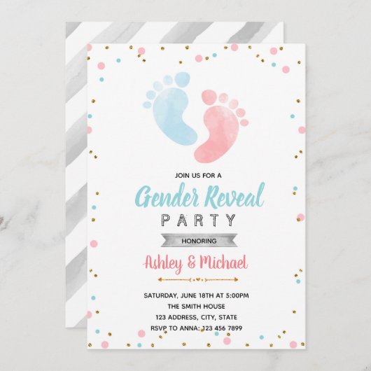 ベビーフットプリントの性別によるパーティーの表示 招待状 (正面/裏面)