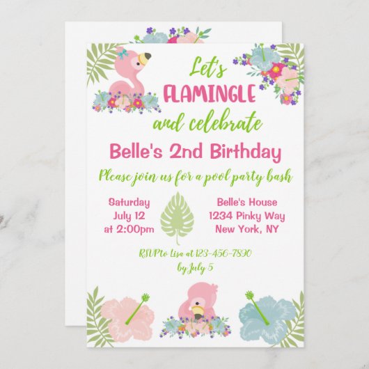 ベビーフラミンゴサマーバースデーパーティーの招待 招待状 (正面/裏面)