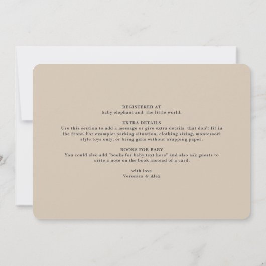 ベビーブックシェルフタウペニュートラルベビーシャワー 招待状 (裏面)