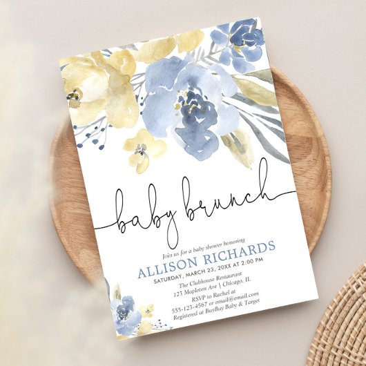 ベビーブランチ男の子の赤ちゃんシャワーほこりっぽい青い黄色 招待状