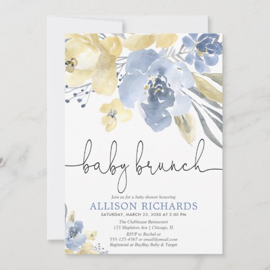 ベビーブランチ男の子の赤ちゃんシャワーほこりっぽい青い黄色 招待状 (正面)