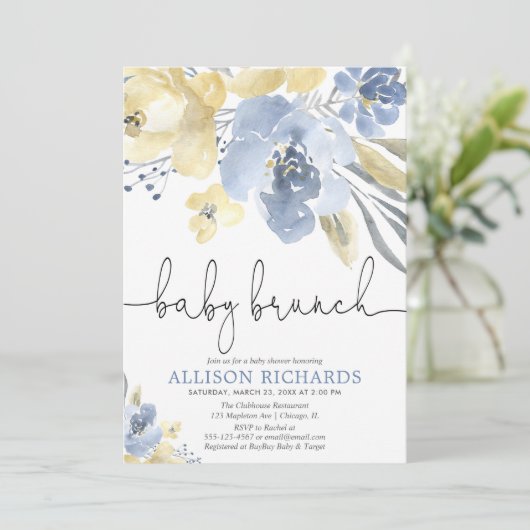 ベビーブランチ男の子の赤ちゃんシャワーほこりっぽい青い黄色 招待状 (スタンド正面)