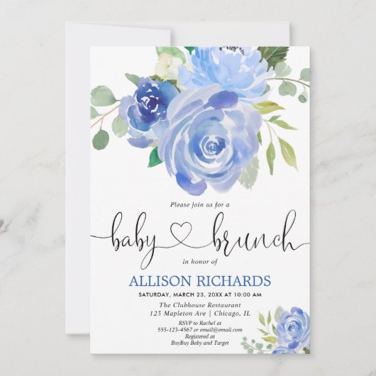 ベビーブランチ男の子シャワーブルーフローラ水色 招待状 (正面)