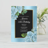 ベビーブルーとゴールド ローズ グラム 50歳の誕生日 招待状 (スタンド正面)