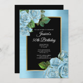 ベビーブルーとゴールド ローズ グラム 50歳の誕生日 招待状 (正面/裏面)