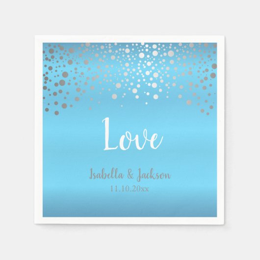 ベビーブルーとシルバーの紙吹雪ドット スタンダードカクテルナプキン (正面)