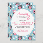 ベビーブルーとピンクフクロウ漫画誕生日招待状 招待状 (正面/裏面)