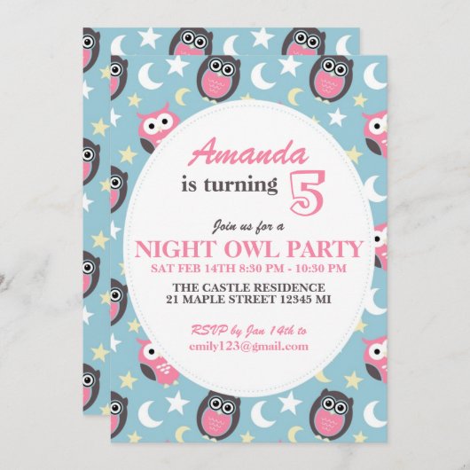 ベビーブルーとピンクフクロウ漫画誕生日招待状 招待状 (正面/裏面)