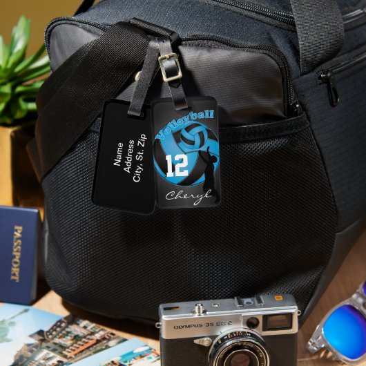 ベビーブルーとブラックスポーティバレーボール ラゲッジタグ (正面&裏面)