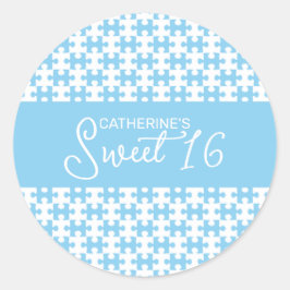 ベビーブルーとホワイトパズルス市松模様にット16 ラウンドシール